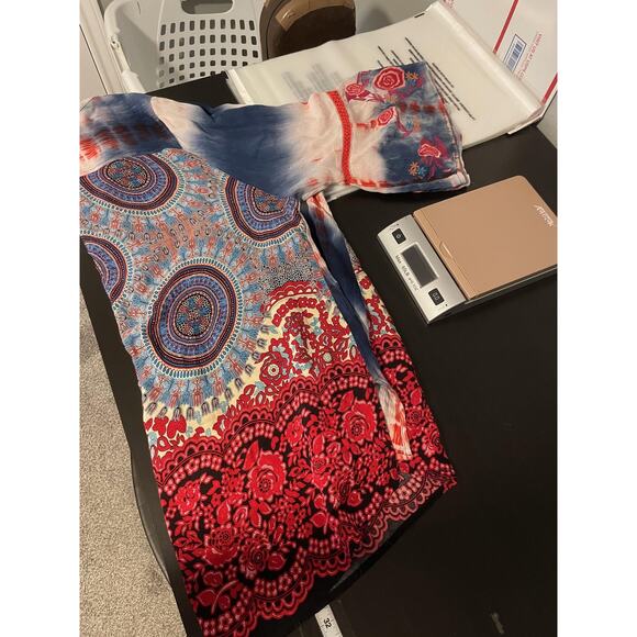 Calessa Blouse Womens 1X Blue Red Tie Dye Embroidered Boho Tunic Button Front - Picture 6 of 7